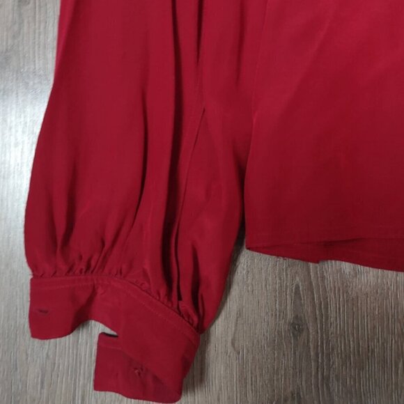 80s Vintage Designer Pleat Red Silk Crepe de Chine Long Sleeve Loose Fit Blouse - Picture 6 of 10